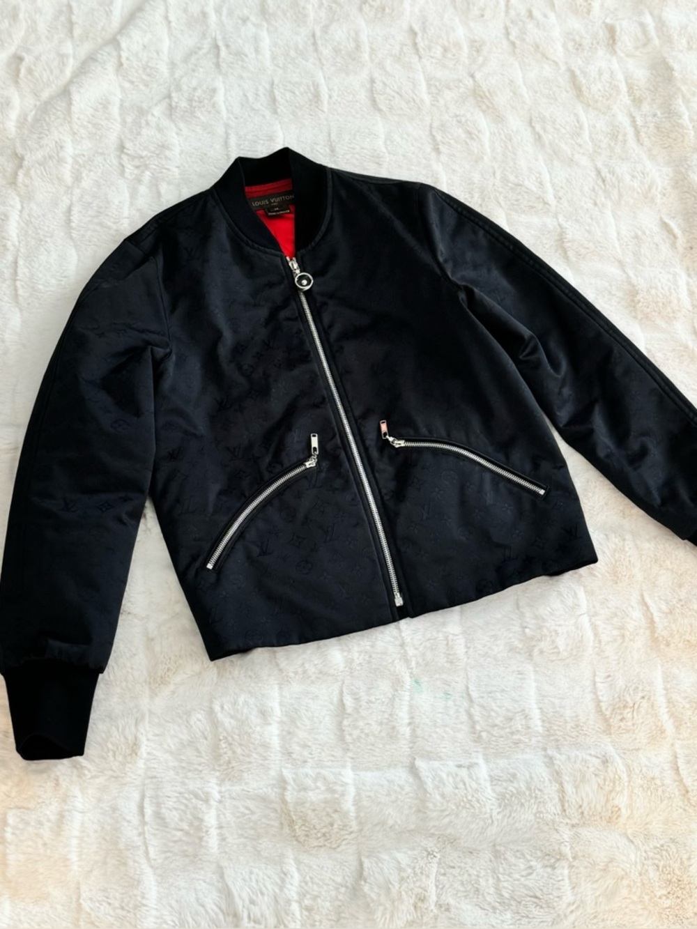Louis Vuitton Black Bomber Jacket with Red Lining